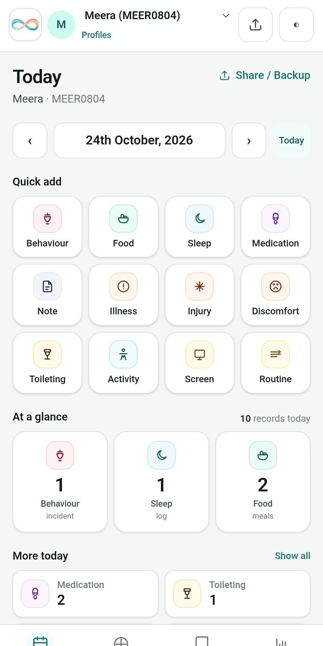 Behaviour Decoded Today screen with quick add and the day's counts