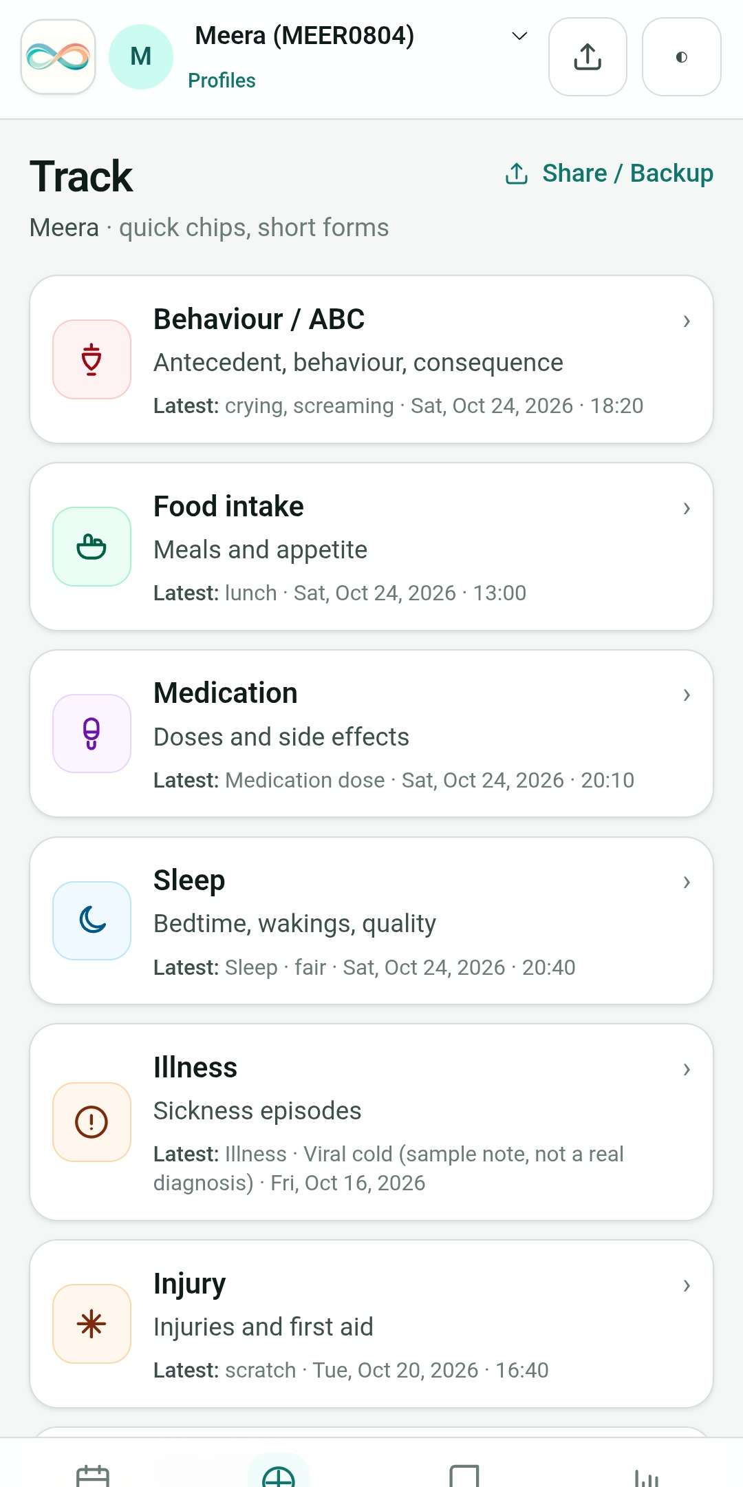 Behaviour Decoded Track screen showing behaviour, food, medication, sleep and more