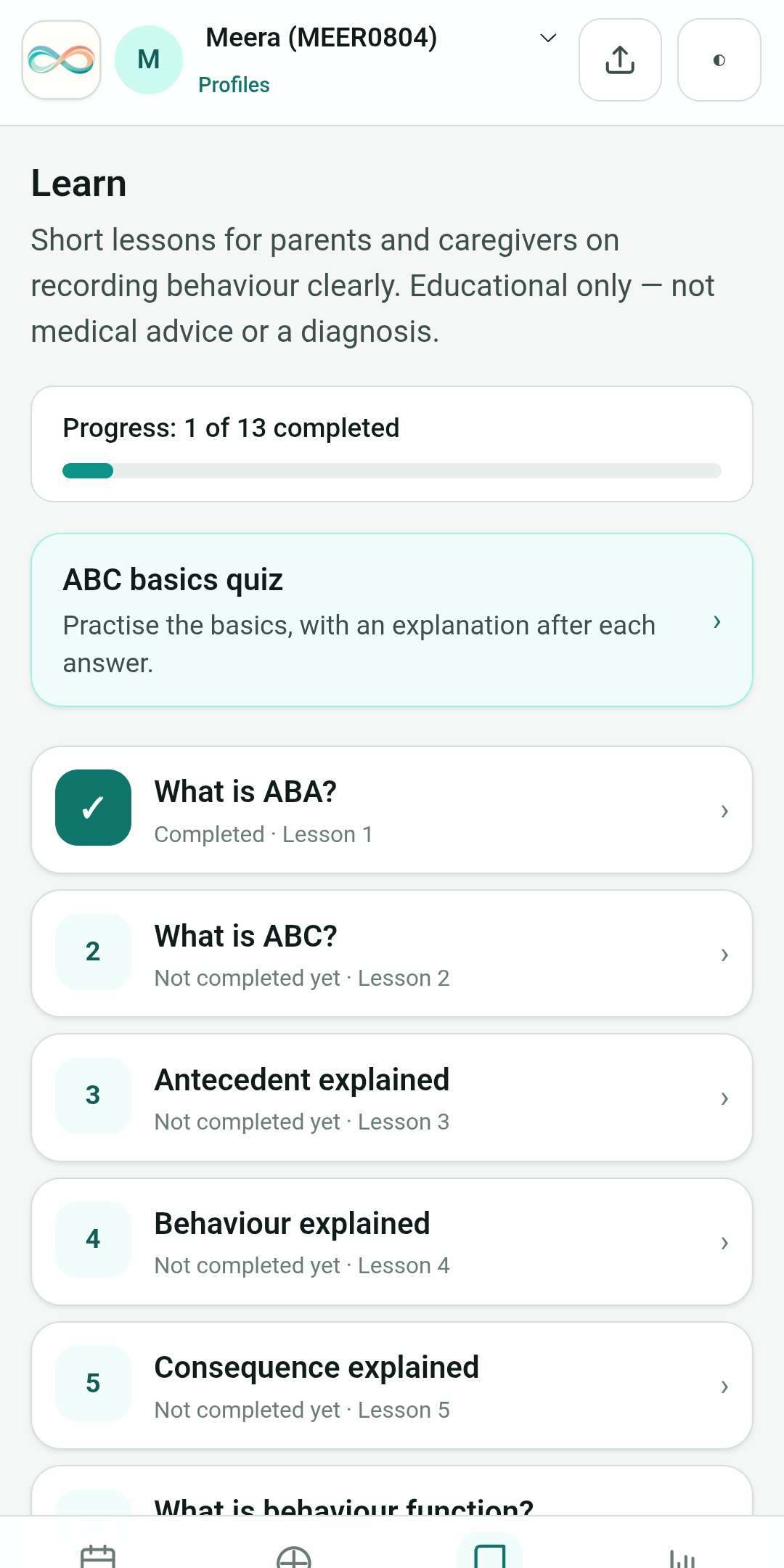 Behaviour Decoded Learn tab with parent lessons and an ABC quiz