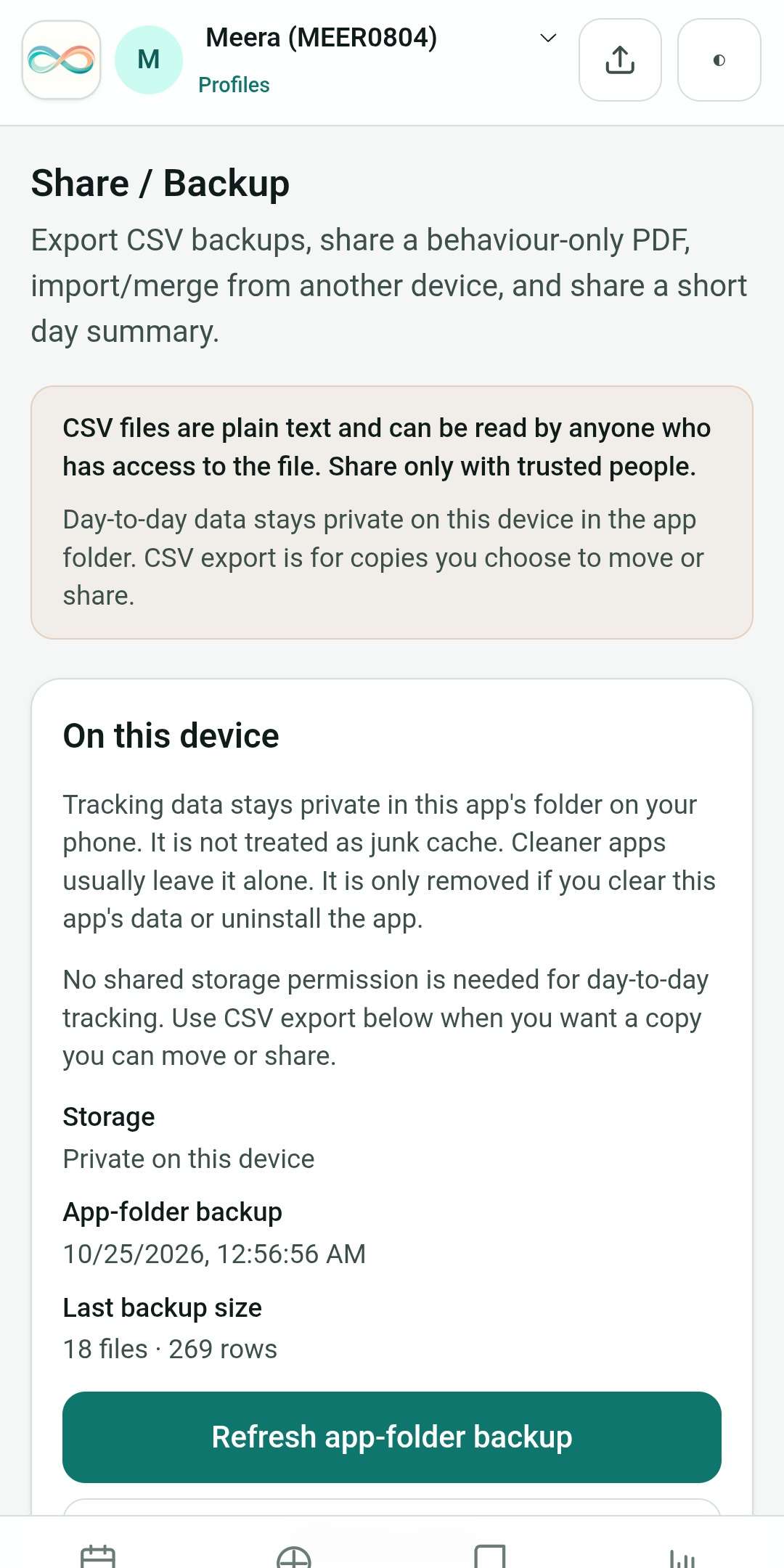 Behaviour Decoded Share and Backup screen